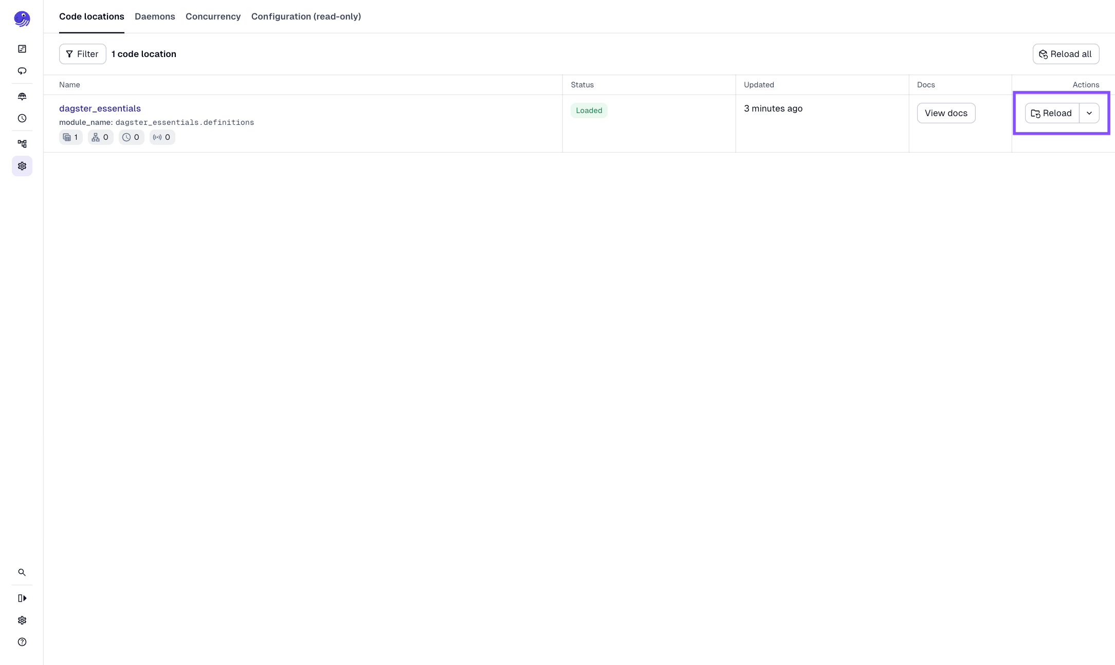 The Reload button in the Code locations tab in the Dagster UI