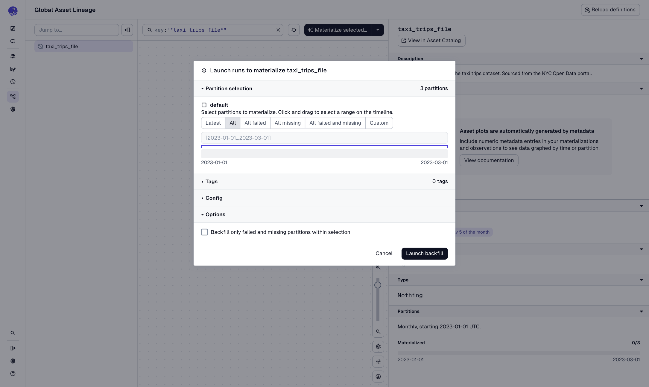 A popup displaying an asset's partition information in the Dagster UI
